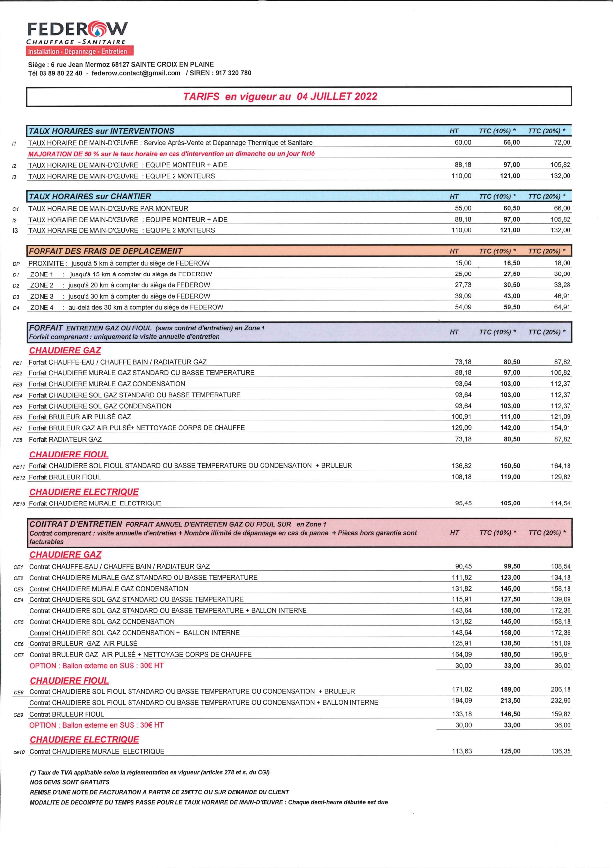 Nos tarifs main d'œuvre Federow